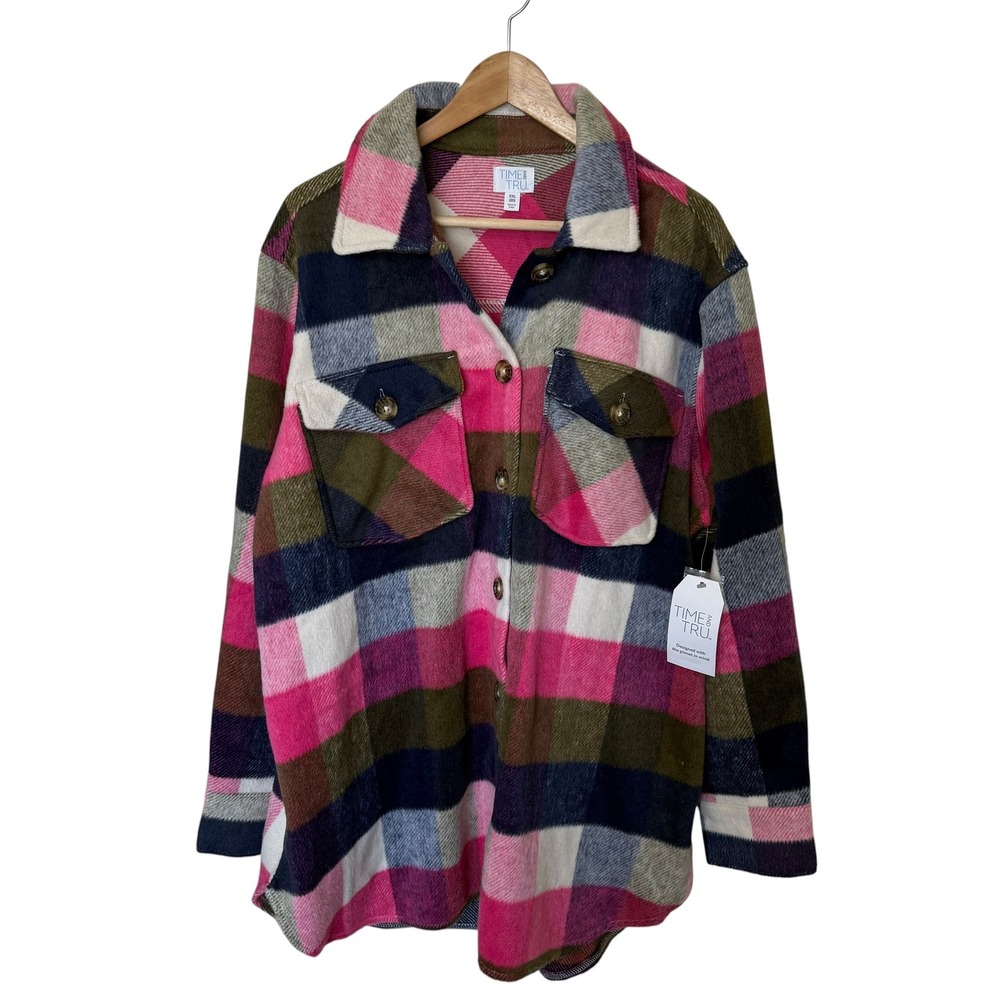 Time and Tru Plaid Shacket Women XXL Pink Olive Multi NWT Oversized Shirt Jacket